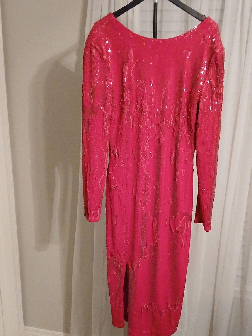 Hot Pink Sequin Long Sleeve Midi Dress